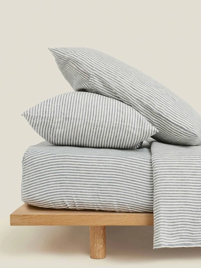 100% Linen Fitted Sheet in Blue Stripes