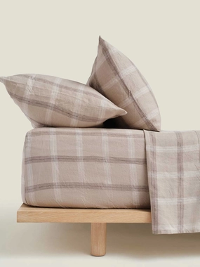 100% Linen Fitted Sheet in Natural Plaid