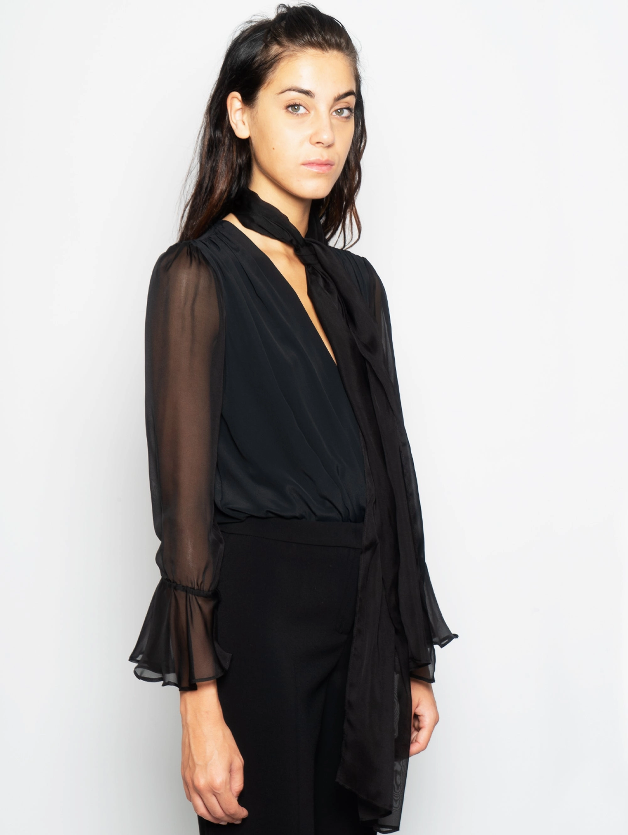 Draped Bodysuit in Black Chiffon