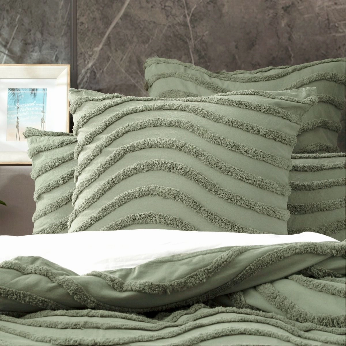 Wave SAGE 100% Cotton Chenille Vintage Quilt Cover Set by Cloud Linen